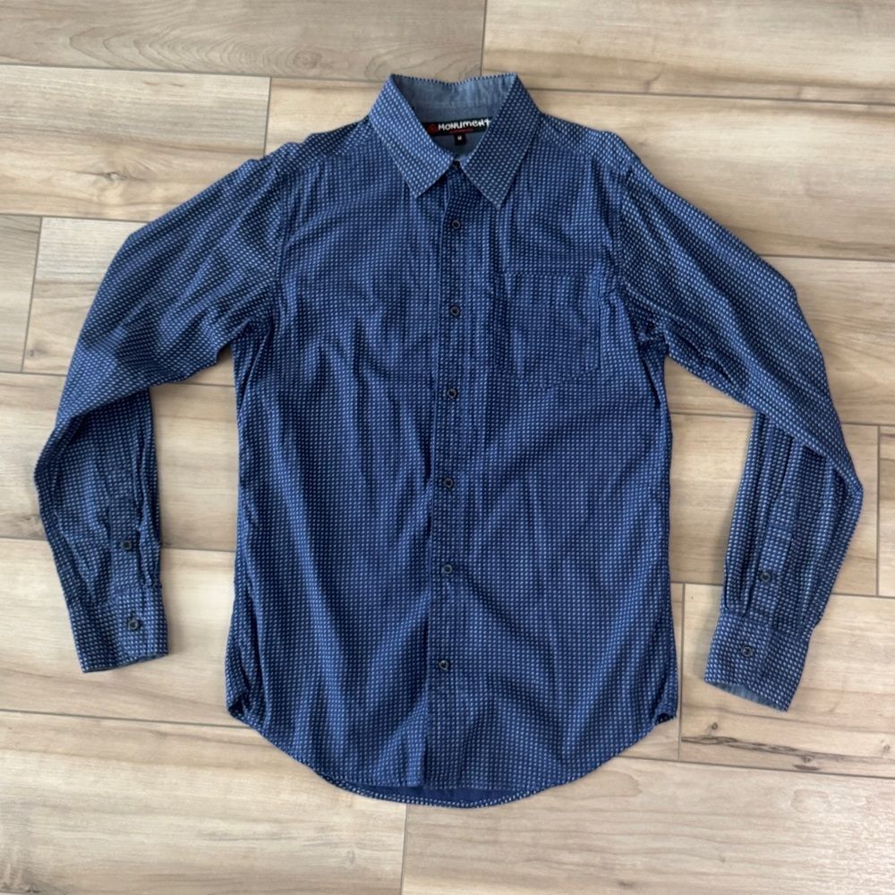 Monument Clothing Co. Men's Blue Button-Up Shirt w/ White Pattern Medium